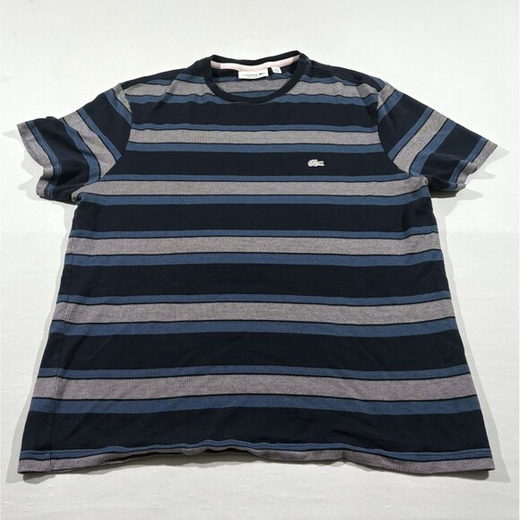 Lacoste Mens T-Shirt Blue Striped Crew Short Sleeve Tee Cotton XL FITS as L SLIM - Picture 1 of 8